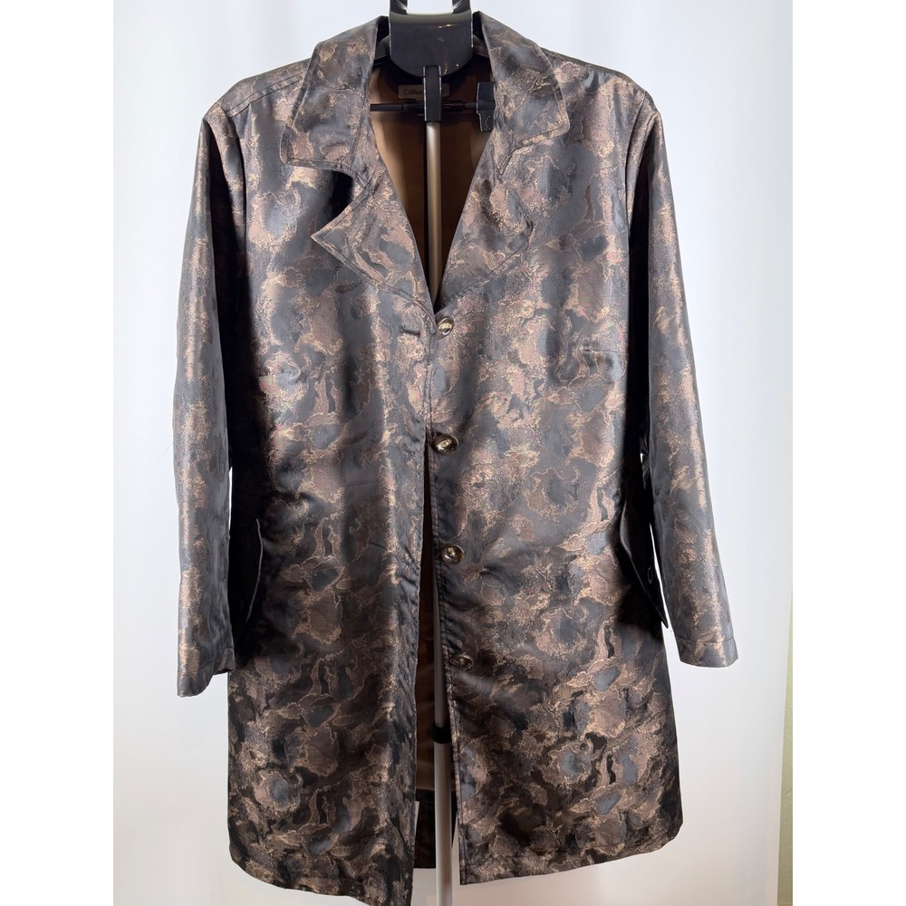 Coldwater Creek Metallic Bronze Jacquard Trench Coat Belted Mid Length Jacket 2X